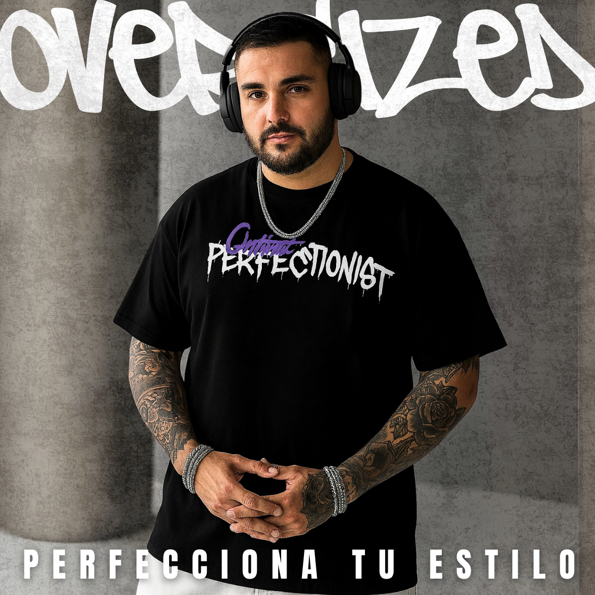 Perfectionist™ – Camiseta oversize negra con gráfico urbano
