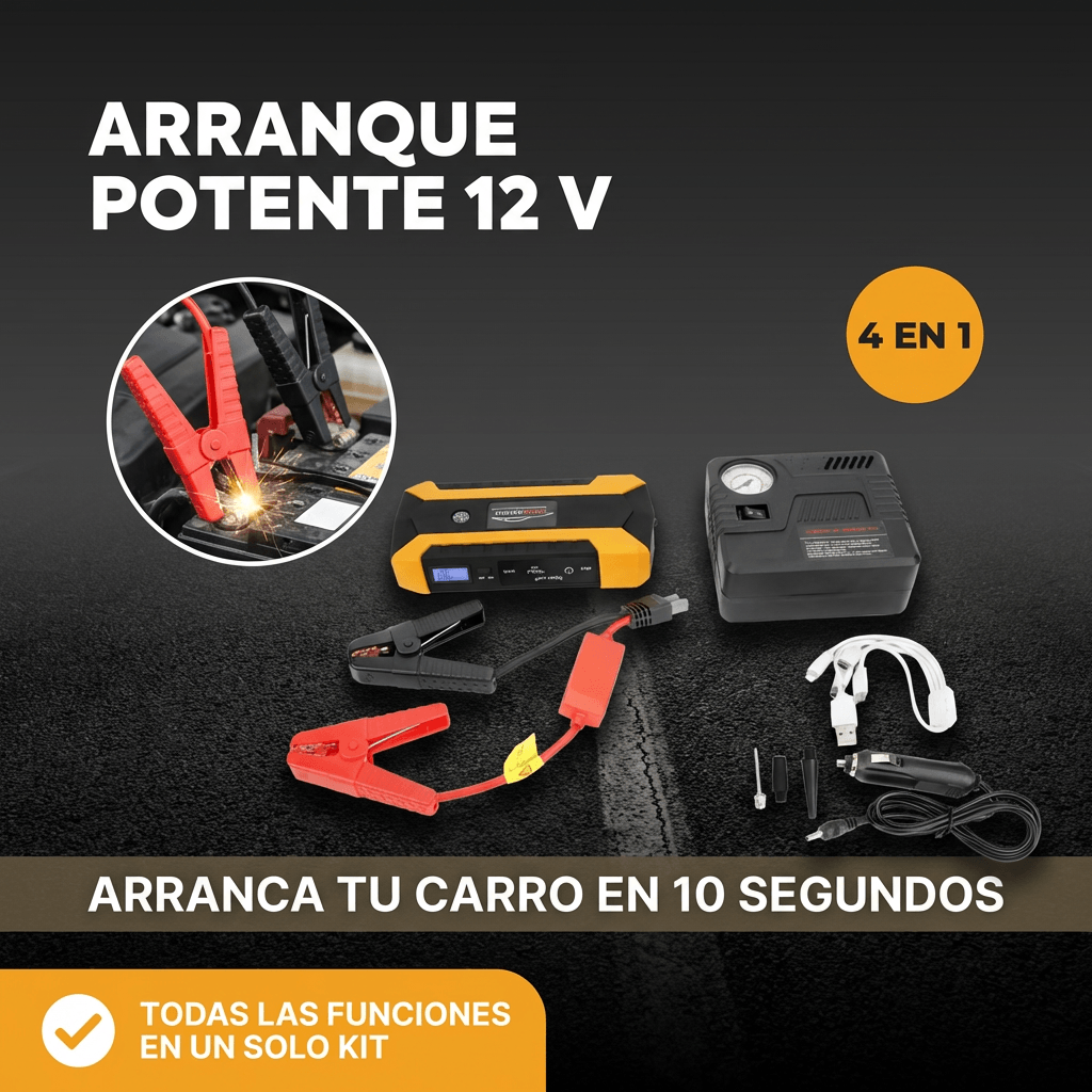 Kit de Emergencia vehicular 4-en-1 - Arrancador de Batería + Compresor de Aire + Power Bank + Linterna LED.