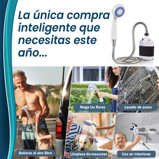 Ducha OutdoorFlow- Portátil, eléctrica y recargable, convierte cualquier recipiente de agua en una ducha funcional. Ideal para camping, playa, viajes y zonas sin acceso a agua corriente.