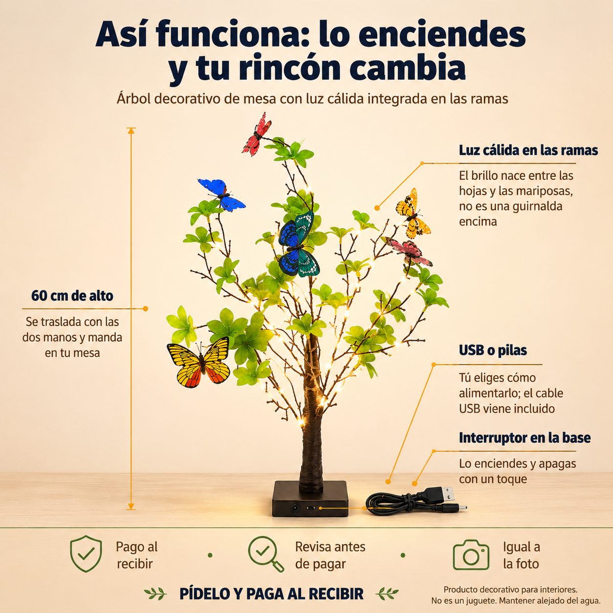 Arbol Lampara Decorativa Mariposas 60cm - 110804 — vista 3