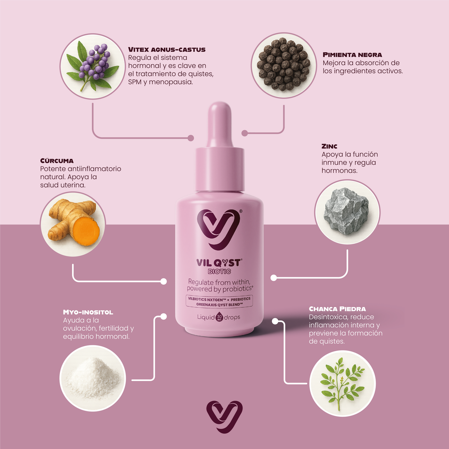 VIL QYST BIOTIC™ – El primer regulador intestino-ovárico que elimina quistes desde la raíz y devuelve el equilibrio a tu ciclo menstrual