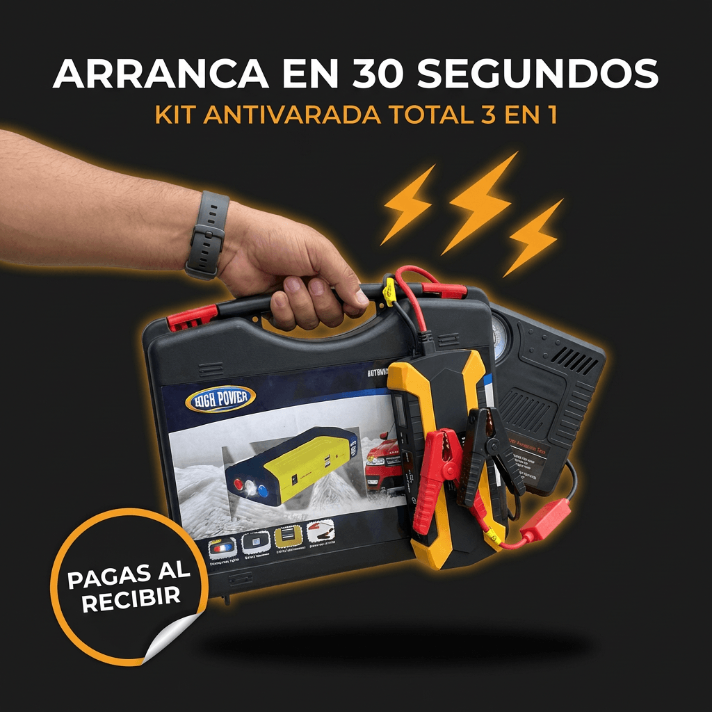 Kit de Emergencia vehicular  4-en-1 - Arrancador de Batería + Compresor de Aire + Power Bank + Linterna LED.