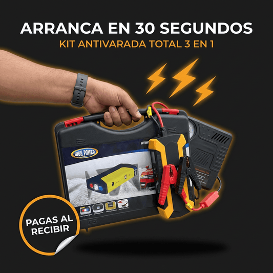 Kit de Emergencia vehicular  4-en-1 - Arrancador de Batería + Compresor de Aire + Power Bank + Linterna LED.
