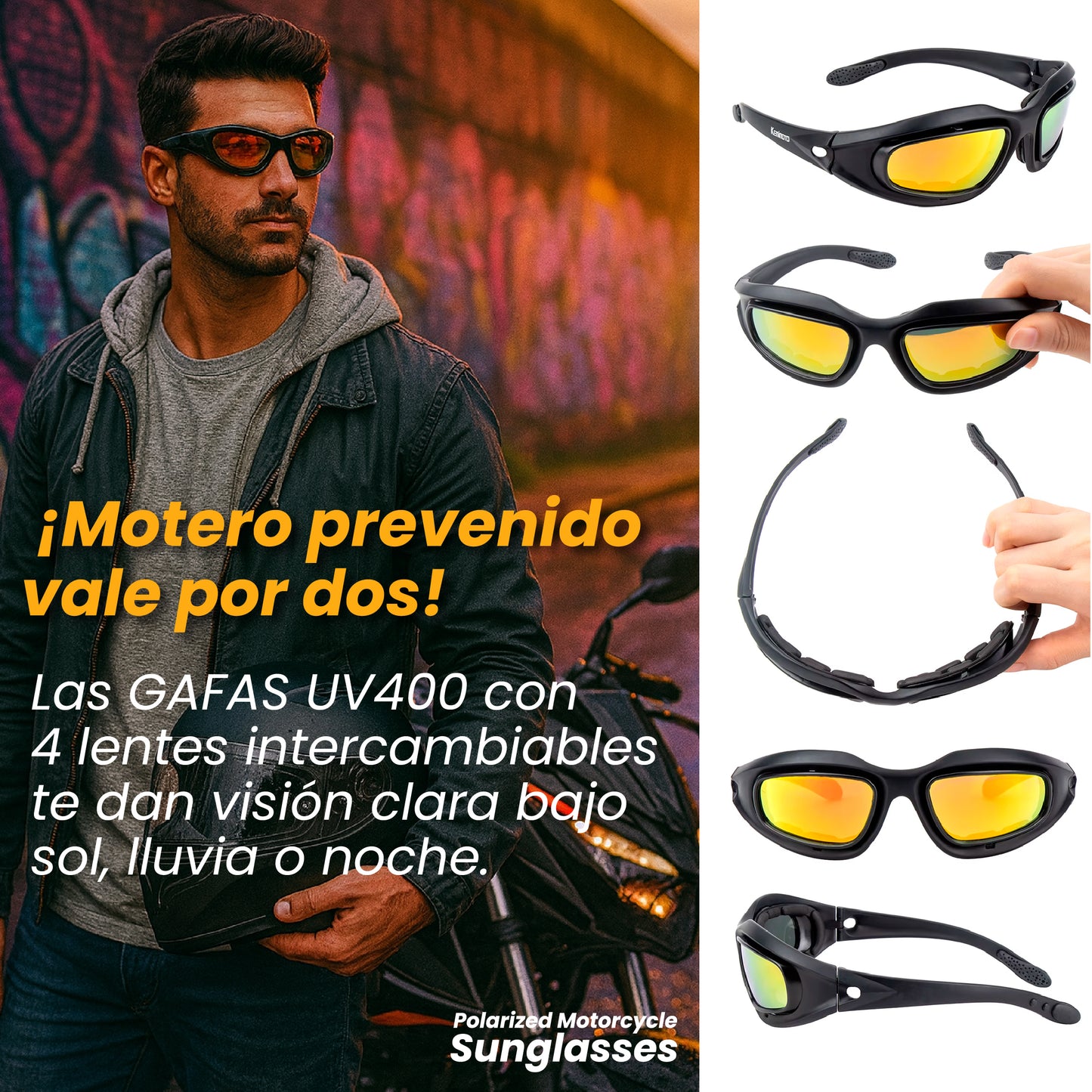 Polarized Motorcycle Sunglasses - Gafas especializadas para la ruta. Kit de 4 lentes intercambiables y accesorios completos.
