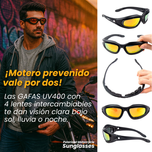 Polarized Motorcycle Sunglasses - Gafas especializadas para la ruta. Kit de 4 lentes intercambiables y accesorios completos.