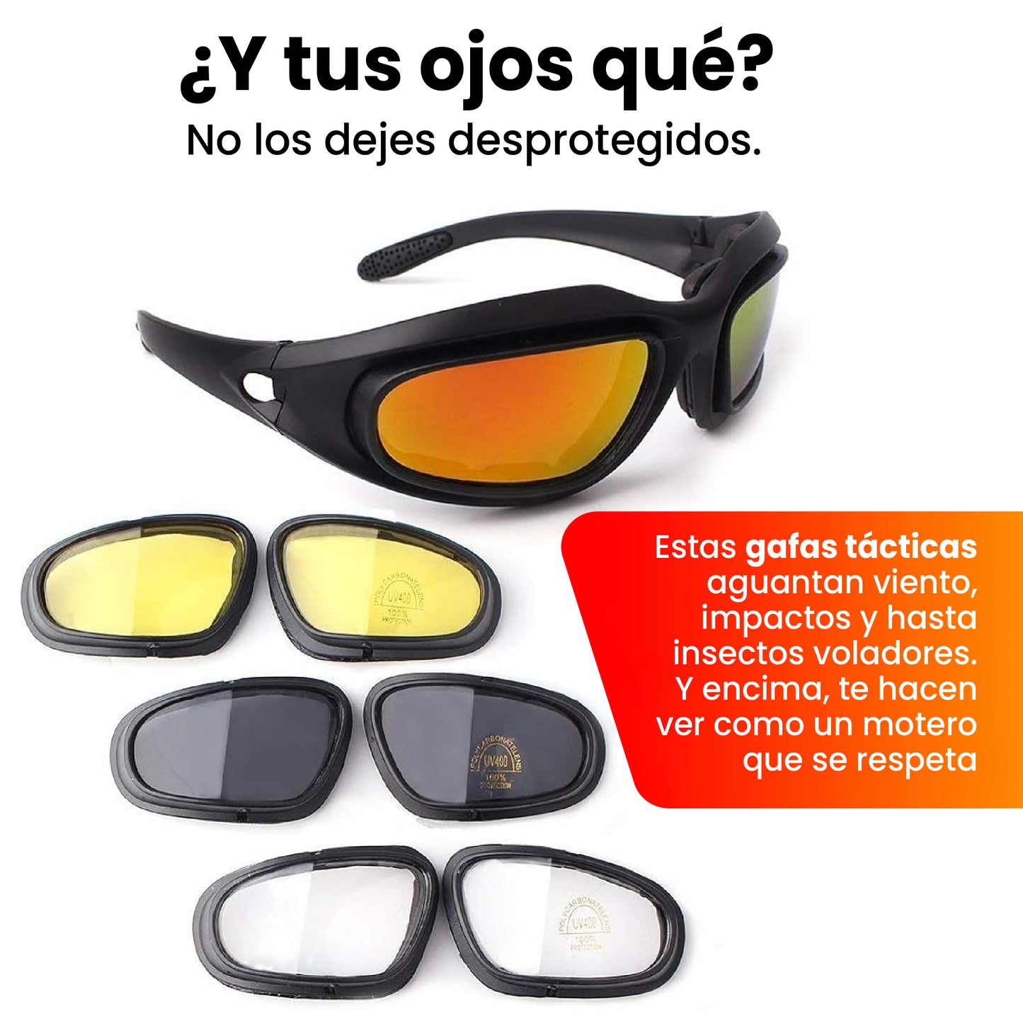 Polarized Motorcycle Sunglasses - Gafas especializadas para la ruta. Kit de 4 lentes intercambiables y accesorios completos.