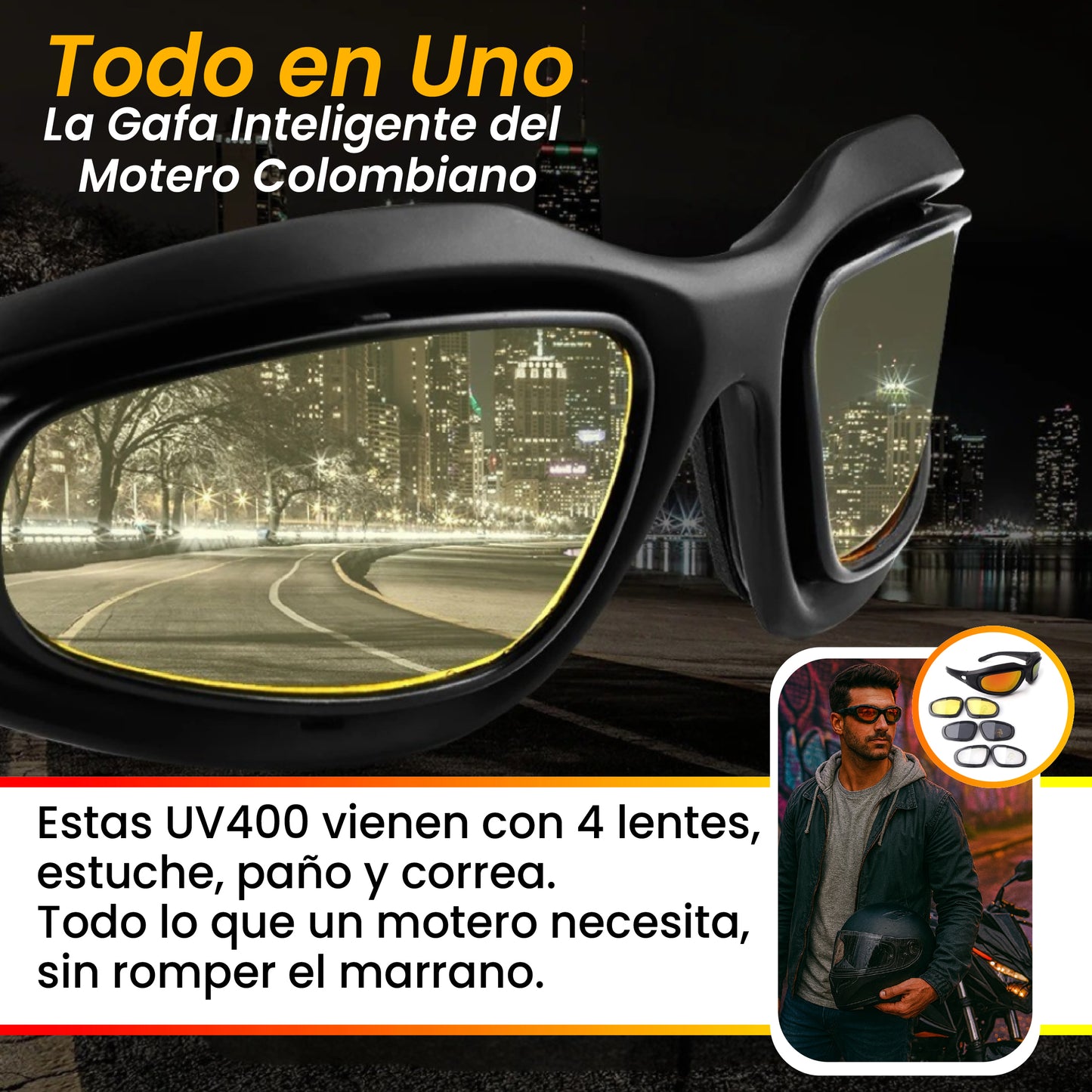 Polarized Motorcycle Sunglasses - Gafas especializadas para la ruta. Kit de 4 lentes intercambiables y accesorios completos.