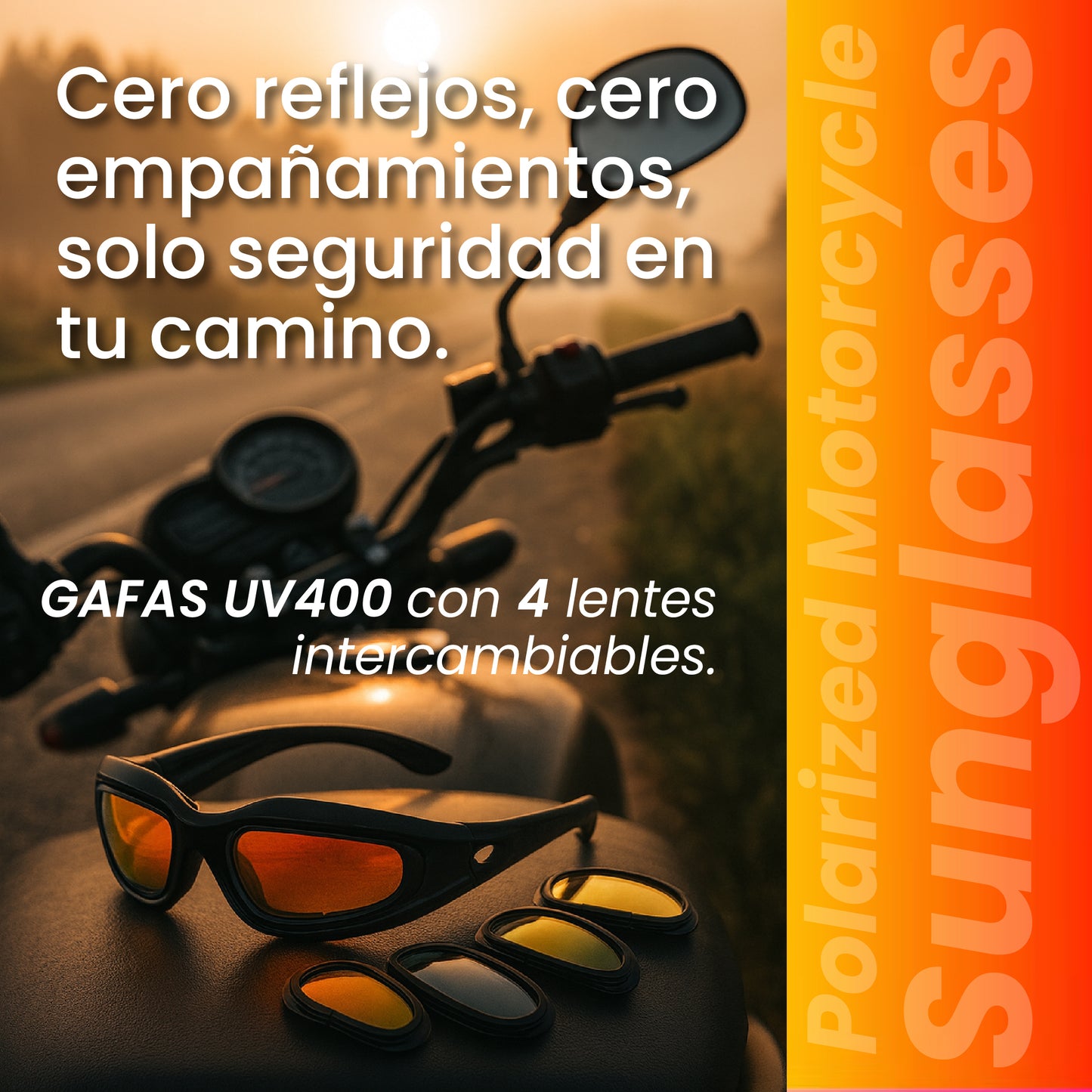 Polarized Motorcycle Sunglasses - Gafas especializadas para la ruta. Kit de 4 lentes intercambiables y accesorios completos.