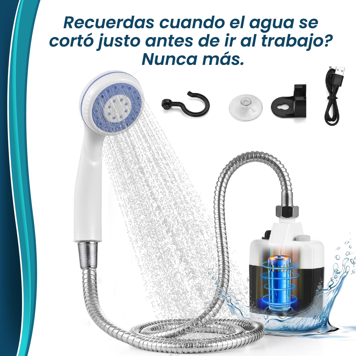 Ducha OutdoorFlow- Portátil, eléctrica y recargable, convierte cualquier recipiente de agua en una ducha funcional. Ideal para camping, playa, viajes y zonas sin acceso a agua corriente.